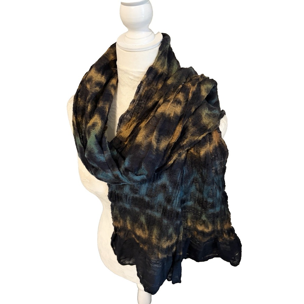 Asian Eye Soft Wool Silk Blend‎ Rectangle Scarf Shawl 61"x19" Black Tie Dye Boho